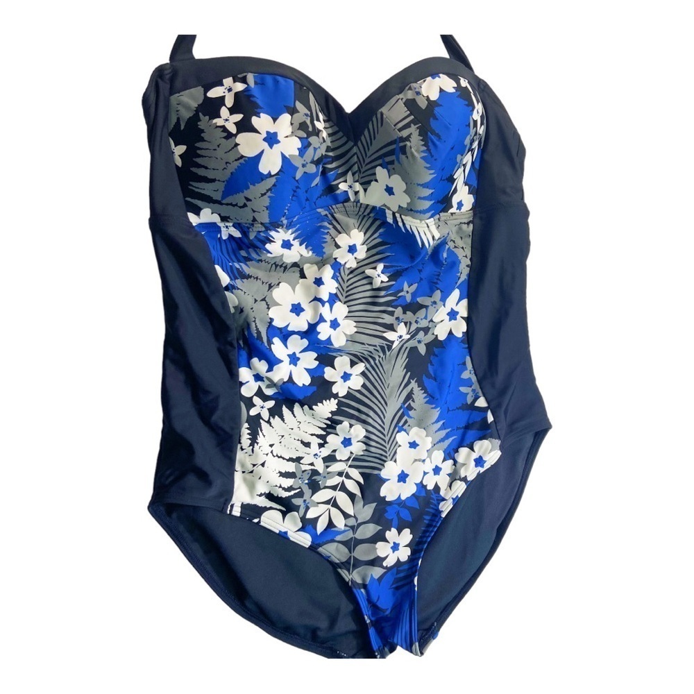 Tropical Escape black blue white grey floral halter one piece bathing suit 16